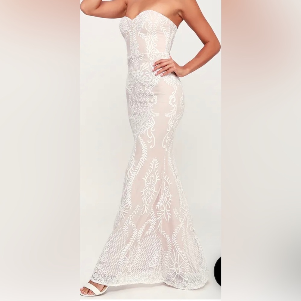 You Belong With Me White and Beige Lace Strapless Maxi Dress
